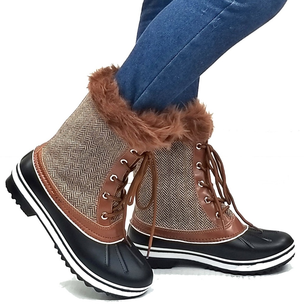 New Tan Faux Fur Lace Up Mid-Calf Snow Boots